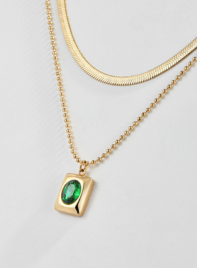 钛钢蛇骨链绿色项链双层叠戴