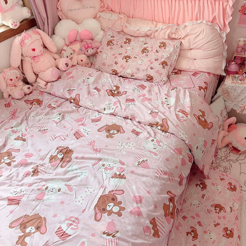 甜点兔四件套少女风三件套亲肤透气床品浅粉可爱被套卡通双面印花 - 图0