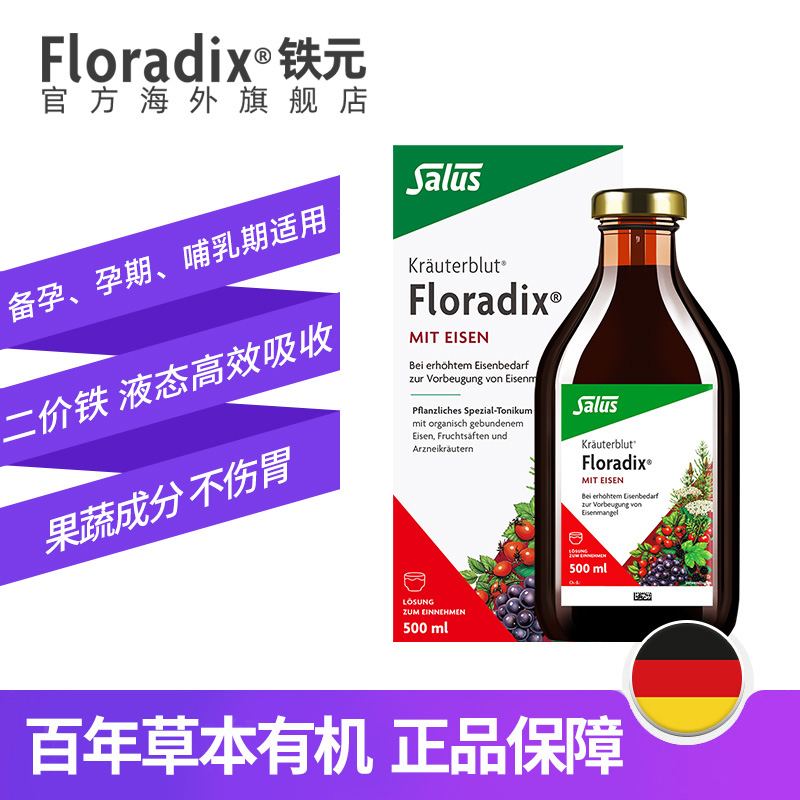 Floradix 德国铁元补铁口服液铁剂女性孕妇孕期养血铁元素500ml*4