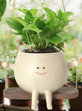 情绪稳定花盆秋千花盆创意吊篮悬挂盆可爱家居透气陶土园艺摆件