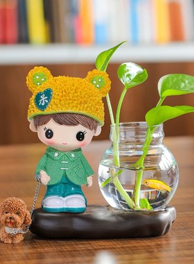 书桌上的小摆件件可爱呆萌情侣娃娃插花水培绿萝花瓶玄关上装饰