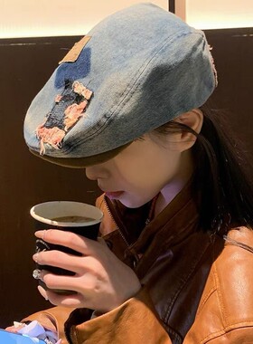 小众牛仔前进帽女春季小帽檐金属标爱心贴布鸭嘴帽时尚显瘦贝雷帽
