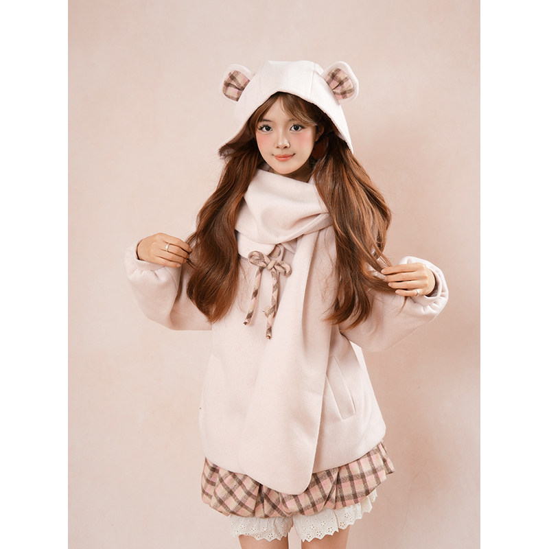 粉绒学院 甜美可爱围巾连帽毛呢外套+格子蕾丝拼接短裙套装两件套,淘宝优惠券,粉丝福利购,淘宝优惠卷