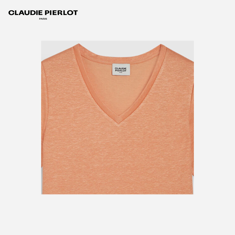 CLAUDIE PIERLOTOutlet春秋女装休闲橘色V领短袖T恤CFPTS00664 - 图2