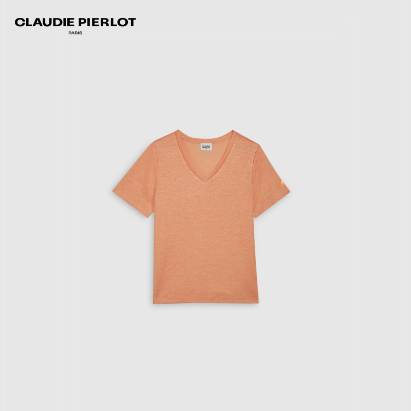 CLAUDIE PIERLOTOutlet春秋女装休闲橘色V领短袖T恤CFPTS00664 - 图3