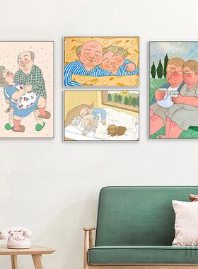 老年情侣装饰画ins风卧室床头客厅餐厅挂画韩国手绘卡通插画壁画