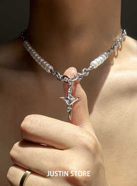 星镖X冰裂珍珠不规则锁骨链男