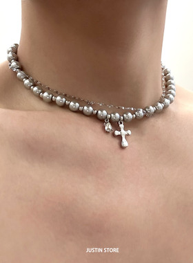 叠戴十字架水滴珍珠项链