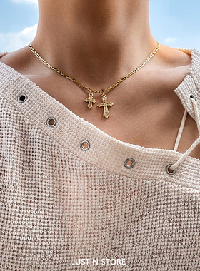 欧美风满锆双十字架钛钢项链