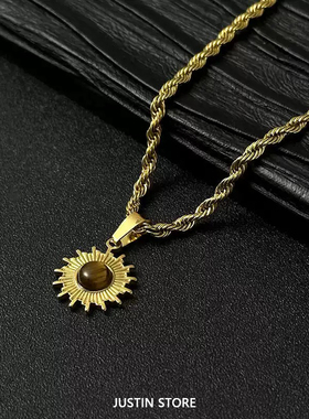 金色太阳花猫眼石镶嵌钛钢项链