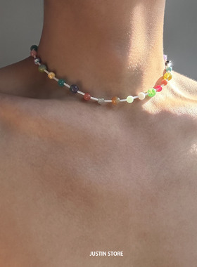 多巴胺彩色串珠项链女小众设计感