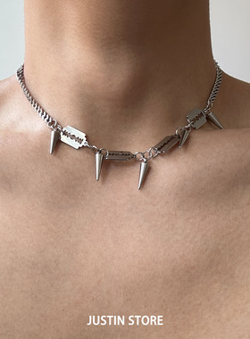 嘻哈风流苏铆钉刀片钛钢项链男