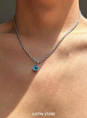 银色恶魔之眼麻花绳钛钢项链