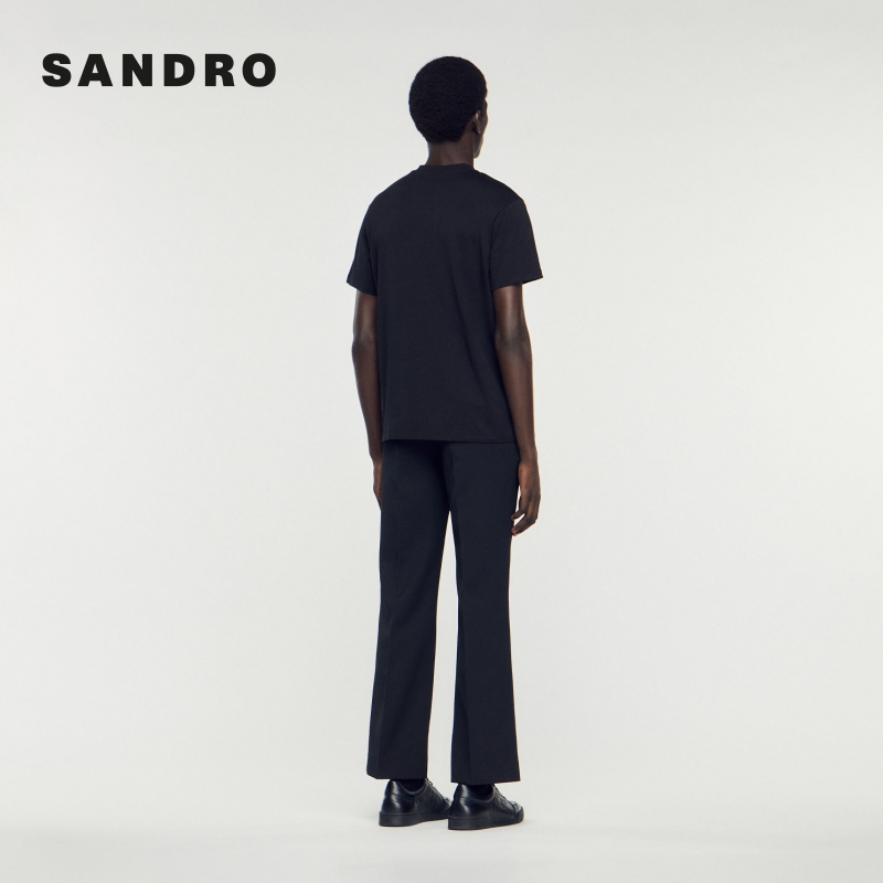 SANDRO Outlets秋冬男装法式休闲简约棉质黑色印花圆领短款T恤 - 图0