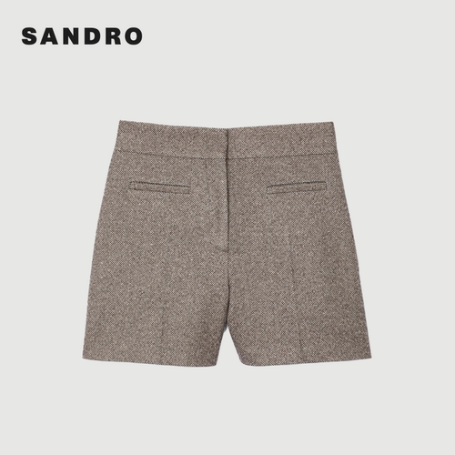 SANDRO Outlets秋冬女装法式休闲通勤棉质米黄色高腰直筒西装短裤 - 图3