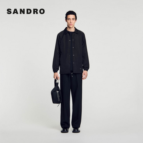 SANDRO Outlets秋冬男装法式休闲通勤黑色抽绳翻领长袖夹克外套 - 图1