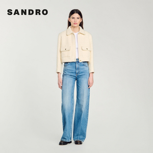 SANDRO Outlets秋冬女装法式时尚优雅气质白色翻领短款毛呢外套
