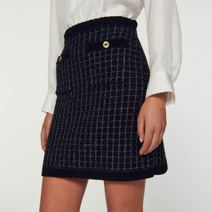SANDRO Outlets秋冬女装经典时尚黑色格纹高腰花呢针织半身短裙