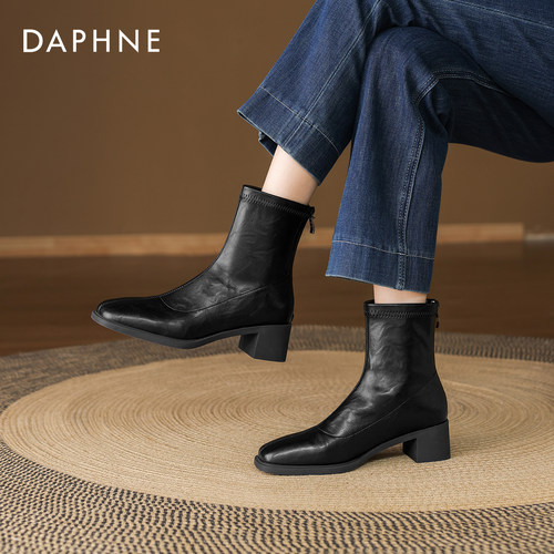 达芙妮黑色短靴女2026新款西部方头粗跟瘦瘦靴夏季高跟皮鞋马丁靴 - 图2