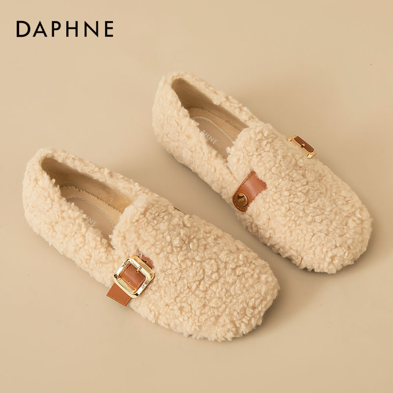 达芙妮保暖毛毛鞋女2024秋冬新款羊羔绒一脚蹬乐福鞋加绒棉拖鞋子 - 图3