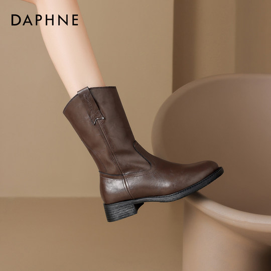 达芙妮中筒靴女冬季平底加绒短靴2025新款瘦瘦靴子皮鞋骑士马丁靴