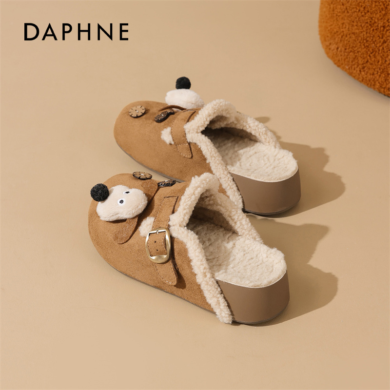 达芙妮加绒厚底勃肯鞋女秋冬2025新款一脚蹬增高包头毛绒半拖棉鞋 - 图2