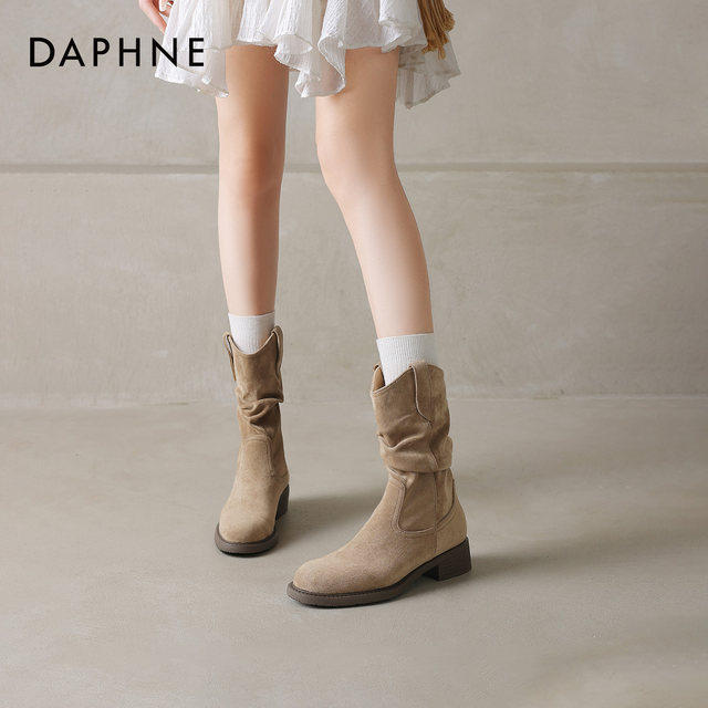 Daphne Retro Mid-Tube Boots Suede Stack Boots Knight