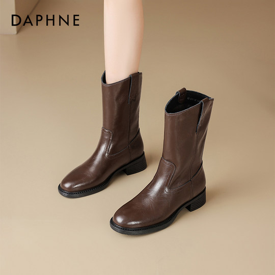 达芙妮中筒靴女冬季平底加绒短靴2025新款瘦瘦靴子皮鞋骑士马丁靴