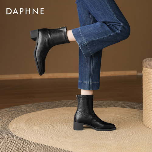 达芙妮黑色短靴女2026新款西部方头粗跟瘦瘦靴夏季高跟皮鞋马丁靴 - 图3