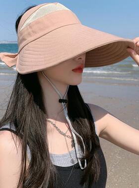 遮阳帽女夏季户外骑车太阳帽防紫外线硬帽檐风吹不翻空顶防晒帽子