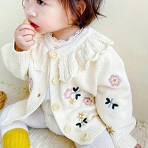 2023 Autumn Winter New 100 Knit Warm Long Sleeves Cardiovert Coat Hitch Baby Flowers Embroidered Lotus Leaf Collar