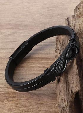 Mens Womens Couple Metal Infinity Sign Leather Bracelet Magn