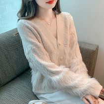 2023 autumn and winter new advanced senses V-collar splicing knit cardigan sweater jacket woman loose 100 lap outside wearing blouse
