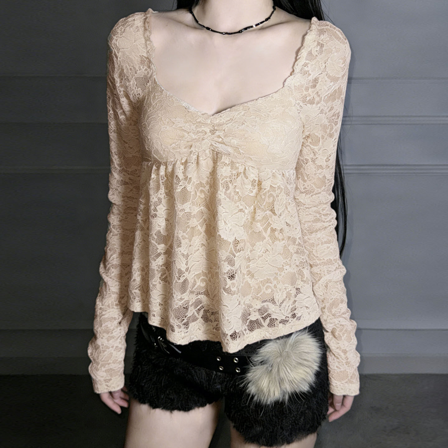 AOMR 法式纯欲收褶胸型蕾丝方领长袖T恤女修身A摆辣妹娃娃衫上衣,淘宝优惠券,粉丝福利购,淘宝优惠卷