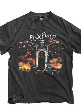Pink Floyd复古做旧摇滚乐队印花短袖T恤破洞高品质限定个性爆款