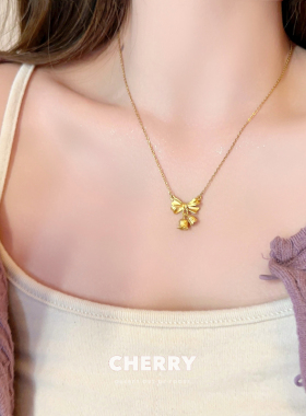 金色蝴蝶结铃兰花钛钢项链女