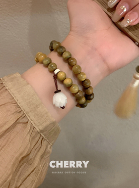 天然绿檀木手串白玉莲