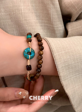 复古新中式绿松石檀木手串