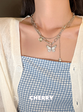 双层钛钢爱心蝴蝶项链潮酷辣妹