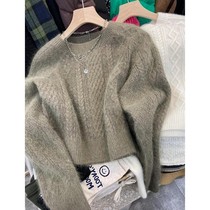 Super-looking shorty sweater Womens autumn Winter Lazy Wind 2023 New Thickened Set Head Raccoon Linen Cashmere Grey Blouse