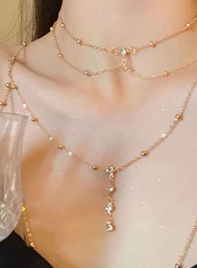 Women Necklace ladies时尚镶钻园珠链身体链饰闪钻吊坠流苏项链