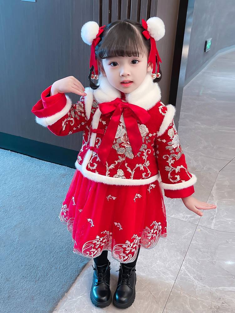 汉服女童冬季唐装加绒加厚套装宝宝中国风周岁礼服小童过年拜年服-图0