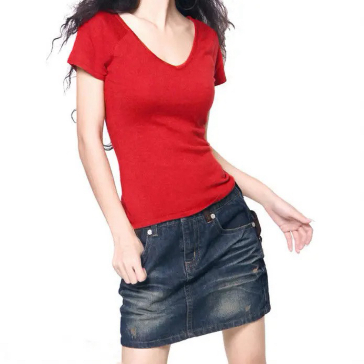 冰丝针织衫夏季短款打底衫女V领t恤薄款韩版修身短袖纯色套头上衣 - 图1