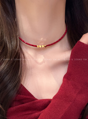 新年红色叠戴玫瑰花朵choker颈链