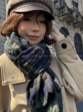 日系文艺蓝绿格纹保暖丝巾披肩