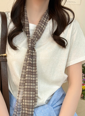浅棕日记！咖色系格纹长条丝巾女韩系复古设计感薄款护颈围巾配饰