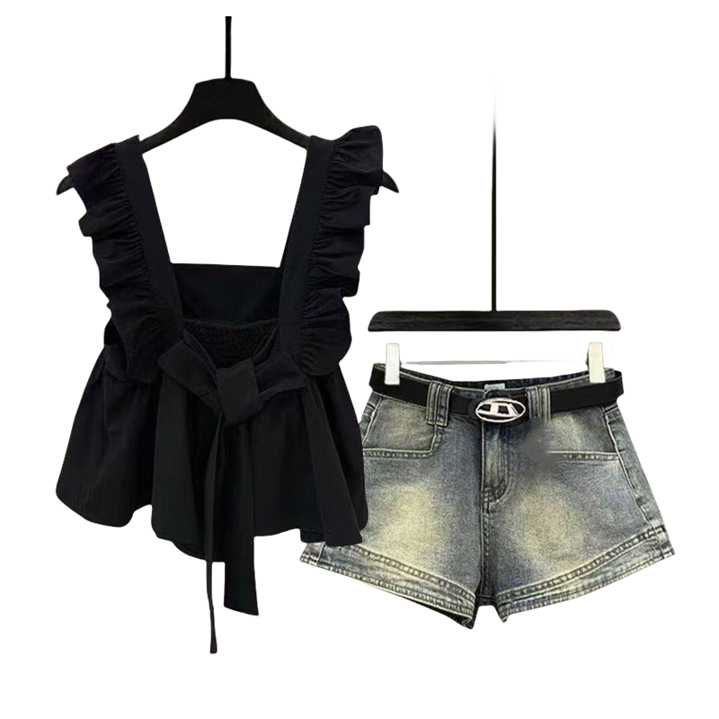 2025夏季新款气质少女套装纯欲风辣妹飞飞袖上衣高腰牛仔裤两件套,淘宝优惠券,粉丝福利购,淘宝优惠卷