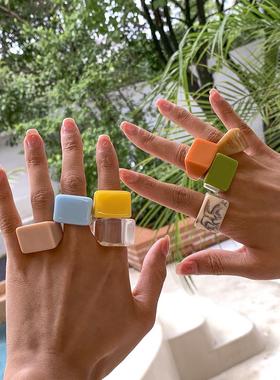 Colored square wide edged resin ring宽边树脂环夸张戒指