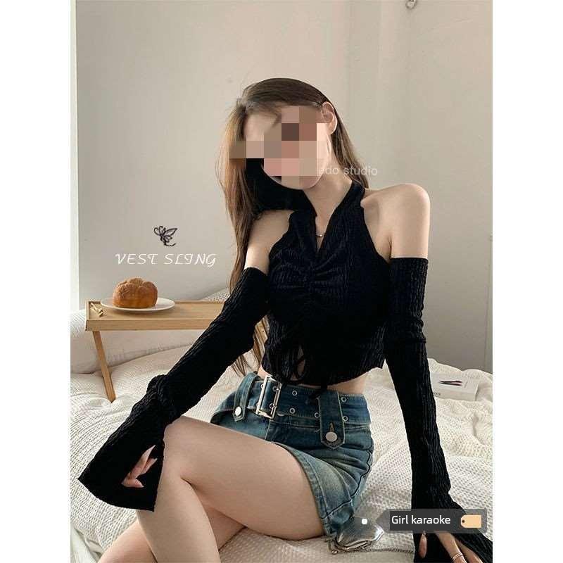 Black sweet and spicy drawstring hanging neck small camisole - 图2