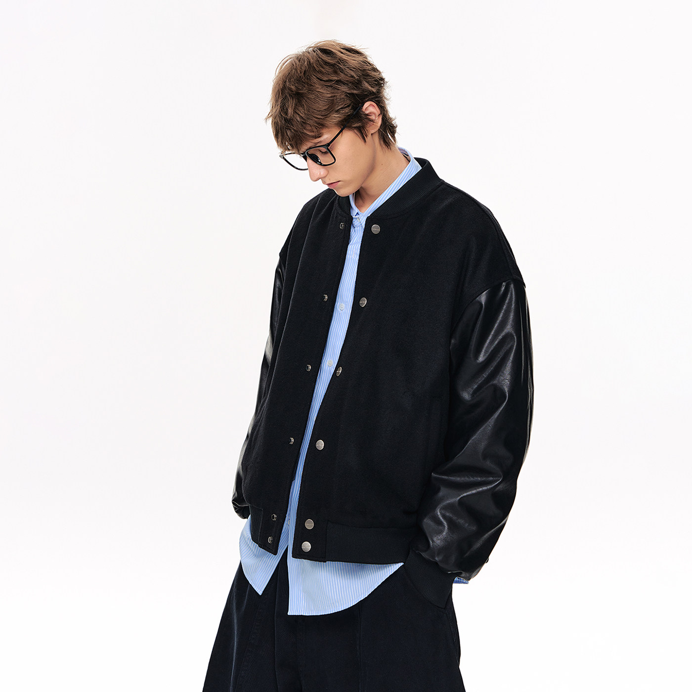 CLIMAX VISION羊毛混纺毛呢拼接皮袖宽松廓形棒球服棉衣外套夹克,淘宝优惠券,粉丝福利购,淘宝优惠卷